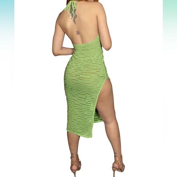 Sexy V Neck Spaghetti Straps Hollow Out Patchwork Midi Dress See Through - Picture 2 of 5